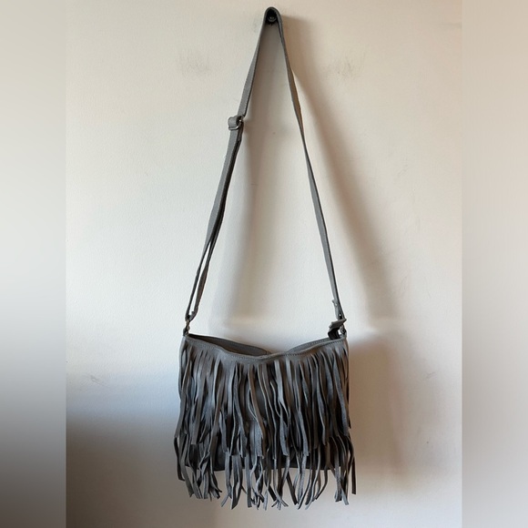 Cut n’ Paste Leather Gray Crossbody Bag with Fringe - Picture 1 of 15